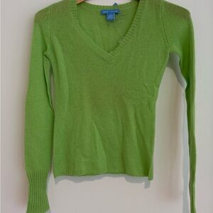 White + Warren Lime Green V-Neck Women's Sweater Cashmere